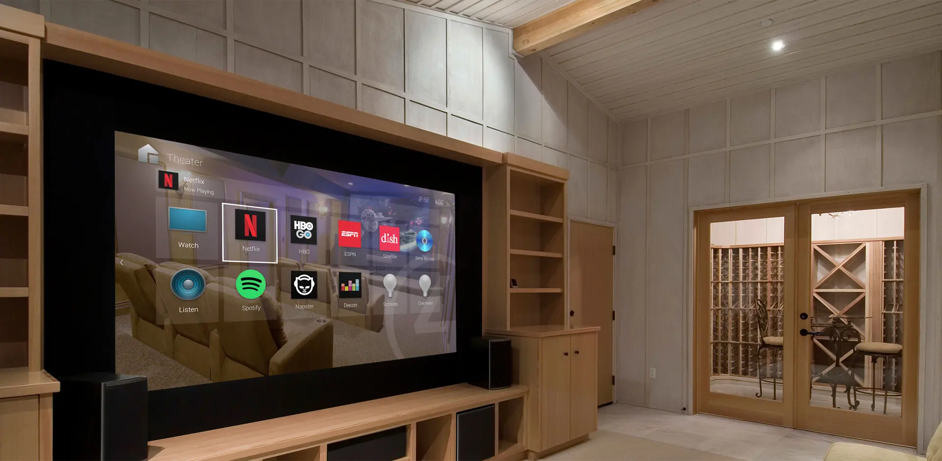 Modern home theater with wood
